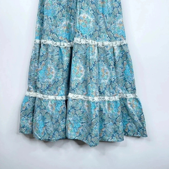 Vintage 70s Prairie Dress Paisley Blue White Tiered Floral Peasant Leo New York - Picture 5 of 11